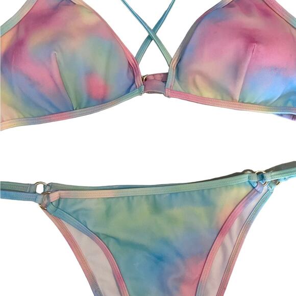 Plumeria Tye Dye 2 pc Bikini Pastel Blues Pinks Size Large Halter String Top NEW - Picture 2 of 14